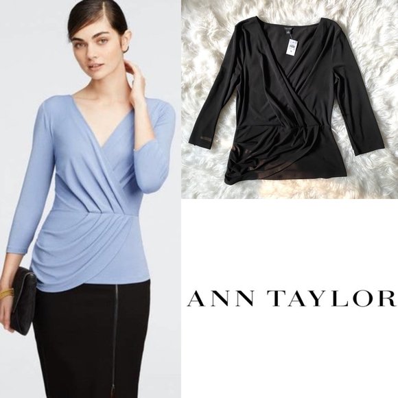 Ann Taylor Tops - NWT Ann Taylor Crepe 3/4 Sleeve Faux Wrap Top w/ Accented Waist black size M